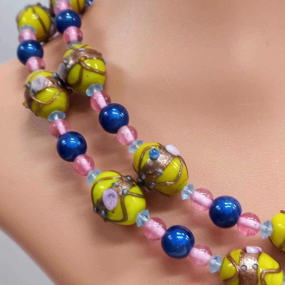 Yellow Lampwork Wedding Cake Glass Bead Necklace 3 FEET LONG!